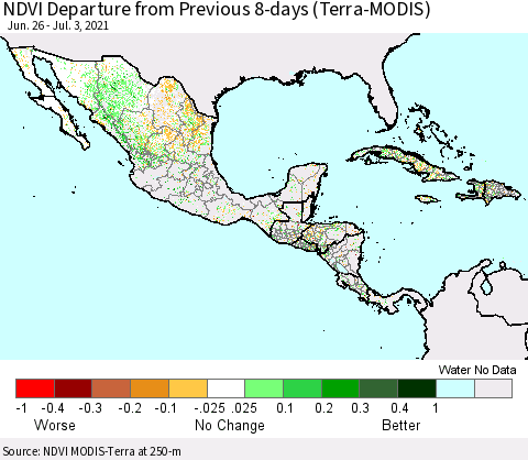 Mexico Central America and the Caribbean NDVI Departure from Previous 8-days (Terra-MODIS) Thematic Map For 6/26/2021 - 7/3/2021