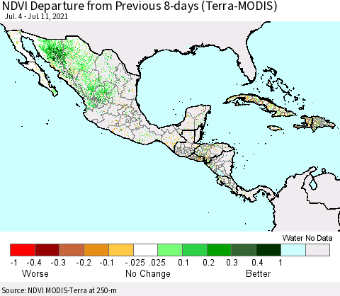 Mexico Central America and the Caribbean NDVI Departure from Previous 8-days (Terra-MODIS) Thematic Map For 7/4/2021 - 7/11/2021