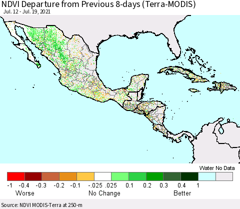 Mexico Central America and the Caribbean NDVI Departure from Previous 8-days (Terra-MODIS) Thematic Map For 7/12/2021 - 7/19/2021