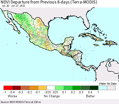 Mexico Central America and the Caribbean NDVI Departure from Previous 8-days (Terra-MODIS) Thematic Map For 7/20/2021 - 7/27/2021