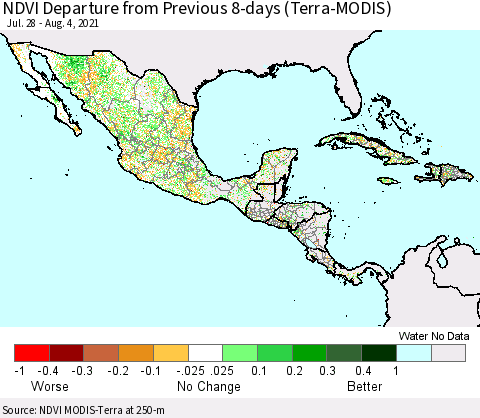 Mexico Central America and the Caribbean NDVI Departure from Previous 8-days (Terra-MODIS) Thematic Map For 7/28/2021 - 8/4/2021
