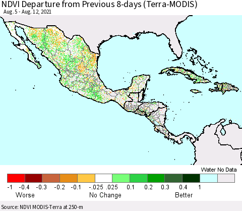 Mexico Central America and the Caribbean NDVI Departure from Previous 8-days (Terra-MODIS) Thematic Map For 8/5/2021 - 8/12/2021