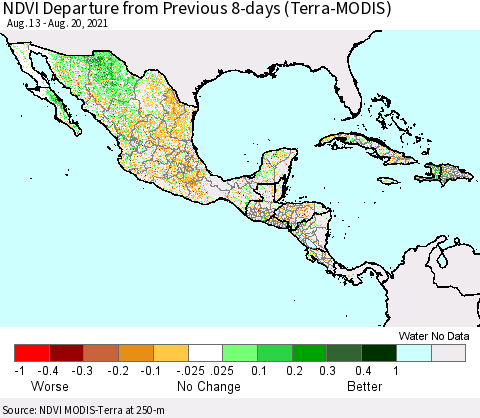 Mexico Central America and the Caribbean NDVI Departure from Previous 8-days (Terra-MODIS) Thematic Map For 8/13/2021 - 8/20/2021