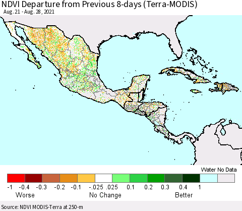 Mexico Central America and the Caribbean NDVI Departure from Previous 8-days (Terra-MODIS) Thematic Map For 8/21/2021 - 8/28/2021