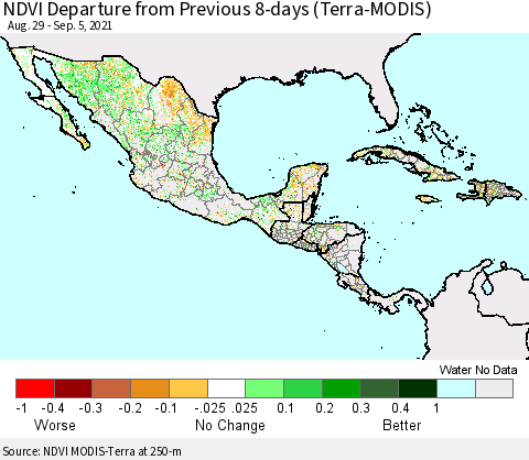 Mexico Central America and the Caribbean NDVI Departure from Previous 8-days (Terra-MODIS) Thematic Map For 8/29/2021 - 9/5/2021