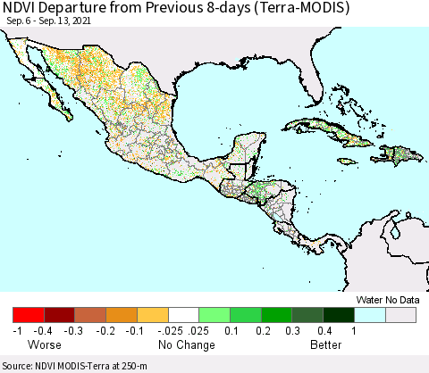 Mexico Central America and the Caribbean NDVI Departure from Previous 8-days (Terra-MODIS) Thematic Map For 9/6/2021 - 9/13/2021