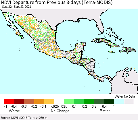 Mexico Central America and the Caribbean NDVI Departure from Previous 8-days (Terra-MODIS) Thematic Map For 9/22/2021 - 9/29/2021