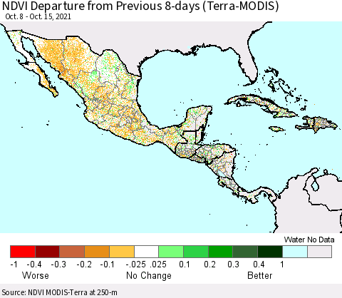 Mexico Central America and the Caribbean NDVI Departure from Previous 8-days (Terra-MODIS) Thematic Map For 10/8/2021 - 10/15/2021