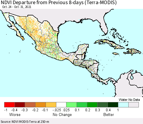 Mexico Central America and the Caribbean NDVI Departure from Previous 8-days (Terra-MODIS) Thematic Map For 10/24/2021 - 10/31/2021