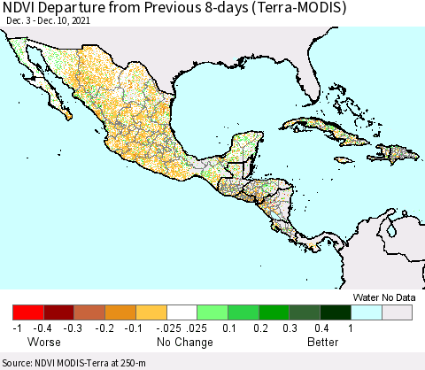 Mexico Central America and the Caribbean NDVI Departure from Previous 8-days (Terra-MODIS) Thematic Map For 12/3/2021 - 12/10/2021