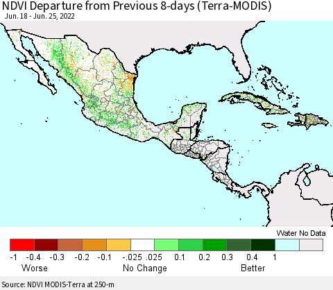 Mexico Central America and the Caribbean NDVI Departure from Previous 8-days (Terra-MODIS) Thematic Map For 6/18/2022 - 6/25/2022