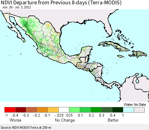 Mexico Central America and the Caribbean NDVI Departure from Previous 8-days (Terra-MODIS) Thematic Map For 6/26/2022 - 7/3/2022