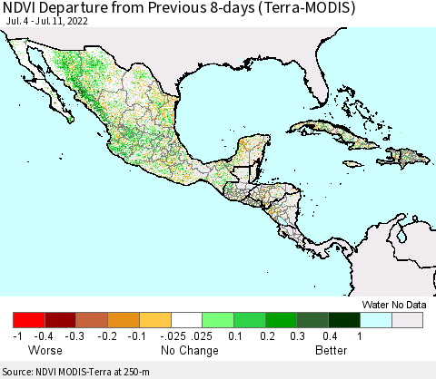 Mexico Central America and the Caribbean NDVI Departure from Previous 8-days (Terra-MODIS) Thematic Map For 7/4/2022 - 7/11/2022