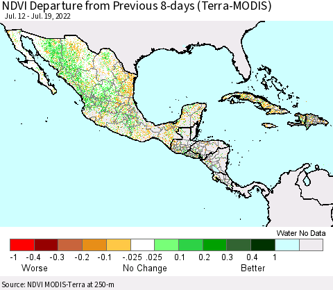 Mexico Central America and the Caribbean NDVI Departure from Previous 8-days (Terra-MODIS) Thematic Map For 7/12/2022 - 7/19/2022