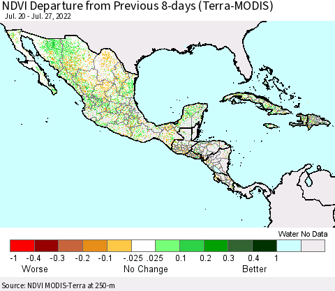 Mexico Central America and the Caribbean NDVI Departure from Previous 8-days (Terra-MODIS) Thematic Map For 7/20/2022 - 7/27/2022