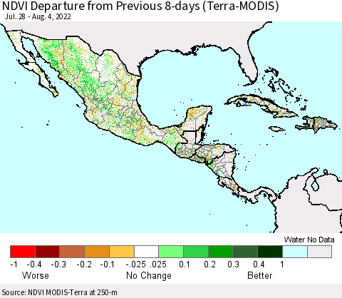 Mexico Central America and the Caribbean NDVI Departure from Previous 8-days (Terra-MODIS) Thematic Map For 7/28/2022 - 8/4/2022