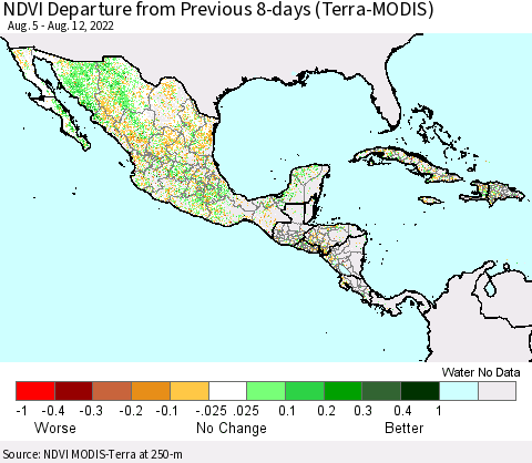 Mexico Central America and the Caribbean NDVI Departure from Previous 8-days (Terra-MODIS) Thematic Map For 8/5/2022 - 8/12/2022