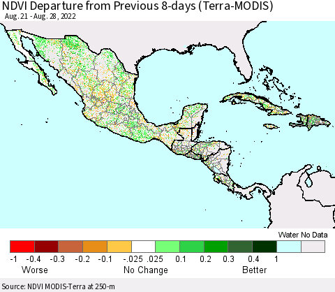Mexico Central America and the Caribbean NDVI Departure from Previous 8-days (Terra-MODIS) Thematic Map For 8/21/2022 - 8/28/2022
