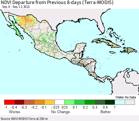 Mexico Central America and the Caribbean NDVI Departure from Previous 8-days (Terra-MODIS) Thematic Map For 9/6/2022 - 9/13/2022