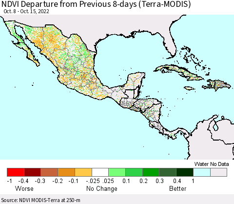 Mexico Central America and the Caribbean NDVI Departure from Previous 8-days (Terra-MODIS) Thematic Map For 10/8/2022 - 10/15/2022