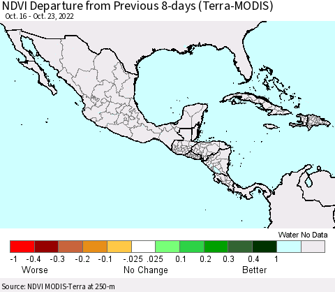 Mexico Central America and the Caribbean NDVI Departure from Previous 8-days (Terra-MODIS) Thematic Map For 10/16/2022 - 10/23/2022
