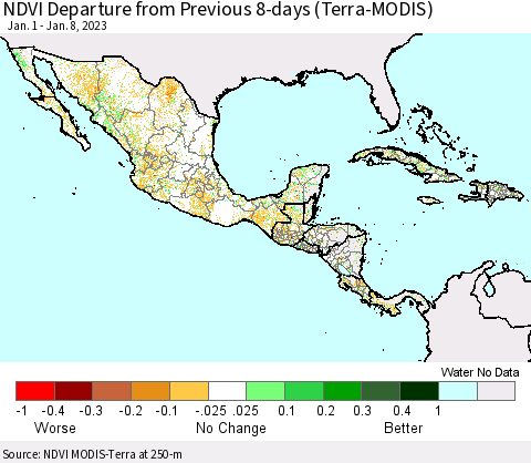 Mexico Central America and the Caribbean NDVI Departure from Previous 8-days (Terra-MODIS) Thematic Map For 1/1/2023 - 1/8/2023