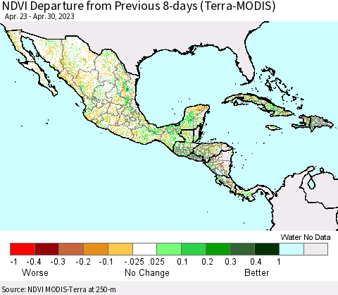 Mexico Central America and the Caribbean NDVI Departure from Previous 8-days (Terra-MODIS) Thematic Map For 4/23/2023 - 4/30/2023