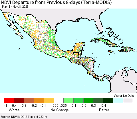 Mexico Central America and the Caribbean NDVI Departure from Previous 8-days (Terra-MODIS) Thematic Map For 5/1/2023 - 5/8/2023
