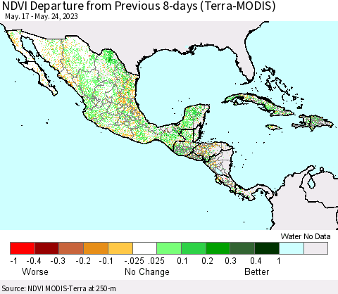 Mexico Central America and the Caribbean NDVI Departure from Previous 8-days (Terra-MODIS) Thematic Map For 5/17/2023 - 5/24/2023