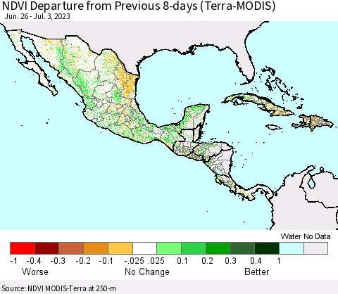 Mexico Central America and the Caribbean NDVI Departure from Previous 8-days (Terra-MODIS) Thematic Map For 6/26/2023 - 7/3/2023