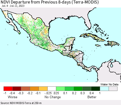 Mexico Central America and the Caribbean NDVI Departure from Previous 8-days (Terra-MODIS) Thematic Map For 7/4/2023 - 7/11/2023