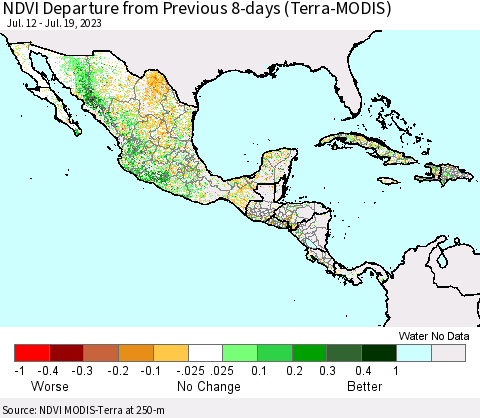 Mexico Central America and the Caribbean NDVI Departure from Previous 8-days (Terra-MODIS) Thematic Map For 7/12/2023 - 7/19/2023