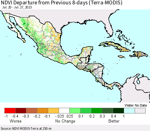 Mexico Central America and the Caribbean NDVI Departure from Previous 8-days (Terra-MODIS) Thematic Map For 7/20/2023 - 7/27/2023