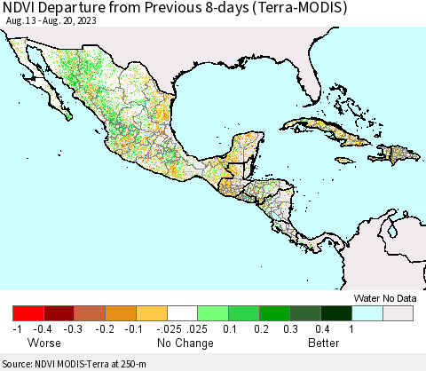 Mexico Central America and the Caribbean NDVI Departure from Previous 8-days (Terra-MODIS) Thematic Map For 8/13/2023 - 8/20/2023