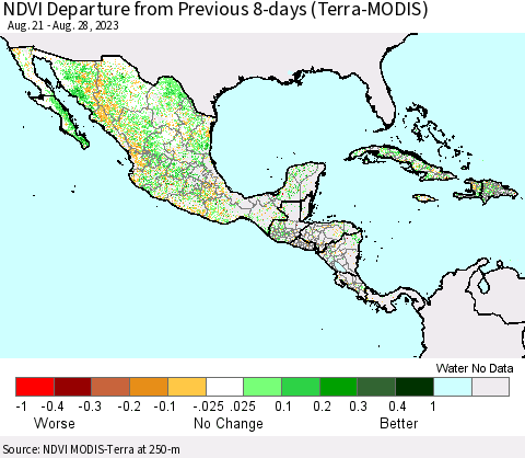 Mexico Central America and the Caribbean NDVI Departure from Previous 8-days (Terra-MODIS) Thematic Map For 8/21/2023 - 8/28/2023