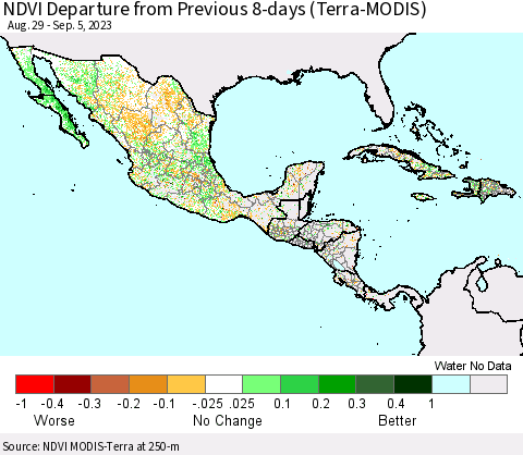 Mexico Central America and the Caribbean NDVI Departure from Previous 8-days (Terra-MODIS) Thematic Map For 8/29/2023 - 9/5/2023