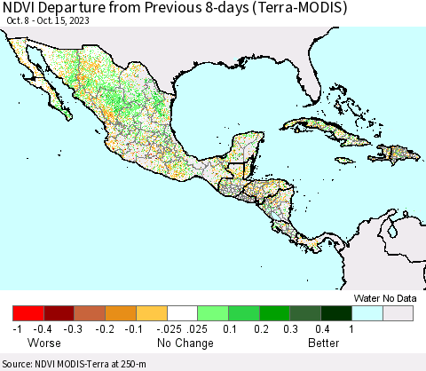 Mexico Central America and the Caribbean NDVI Departure from Previous 8-days (Terra-MODIS) Thematic Map For 10/8/2023 - 10/15/2023