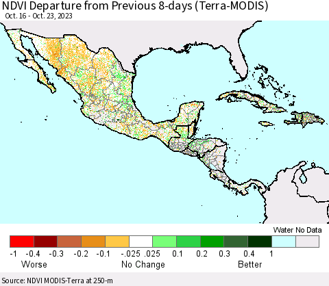 Mexico Central America and the Caribbean NDVI Departure from Previous 8-days (Terra-MODIS) Thematic Map For 10/16/2023 - 10/23/2023
