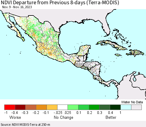 Mexico Central America and the Caribbean NDVI Departure from Previous 8-days (Terra-MODIS) Thematic Map For 11/9/2023 - 11/16/2023