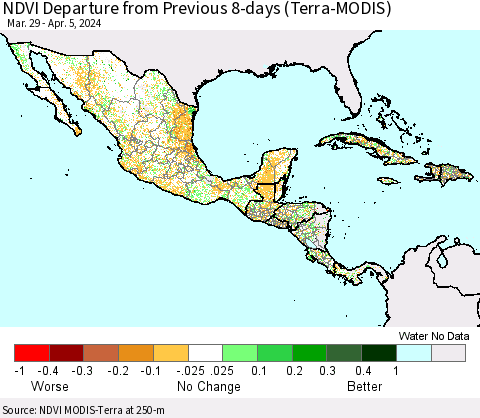Mexico Central America and the Caribbean NDVI Departure from Previous 8-days (Terra-MODIS) Thematic Map For 3/29/2024 - 4/5/2024