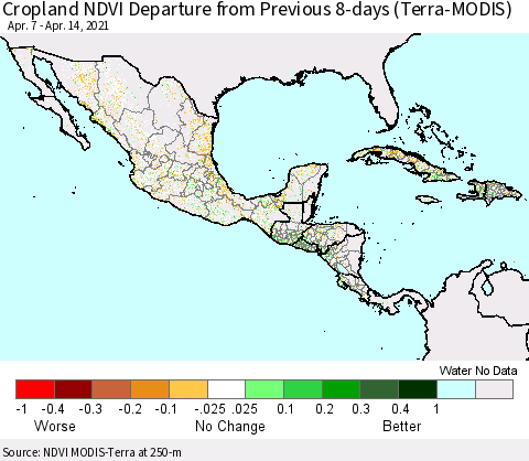Mexico Central America and the Caribbean Cropland NDVI Departure from Previous 8-days (Terra-MODIS) Thematic Map For 4/7/2021 - 4/14/2021