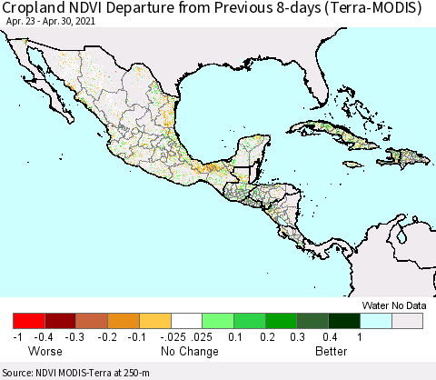 Mexico Central America and the Caribbean Cropland NDVI Departure from Previous 8-days (Terra-MODIS) Thematic Map For 4/23/2021 - 4/30/2021