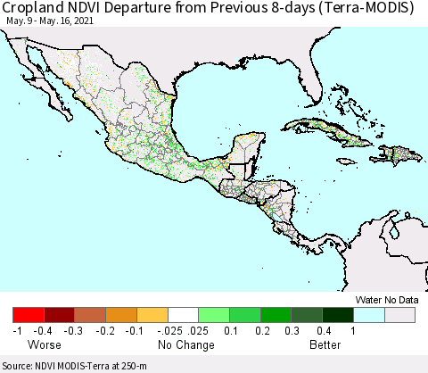 Mexico Central America and the Caribbean Cropland NDVI Departure from Previous 8-days (Terra-MODIS) Thematic Map For 5/9/2021 - 5/16/2021