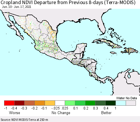 Mexico Central America and the Caribbean Cropland NDVI Departure from Previous 8-days (Terra-MODIS) Thematic Map For 6/10/2021 - 6/17/2021