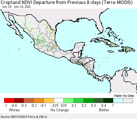 Mexico Central America and the Caribbean Cropland NDVI Departure from Previous 8-days (Terra-MODIS) Thematic Map For 6/18/2021 - 6/25/2021