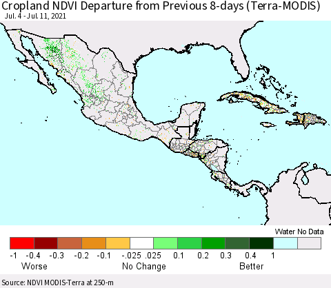 Mexico Central America and the Caribbean Cropland NDVI Departure from Previous 8-days (Terra-MODIS) Thematic Map For 7/4/2021 - 7/11/2021