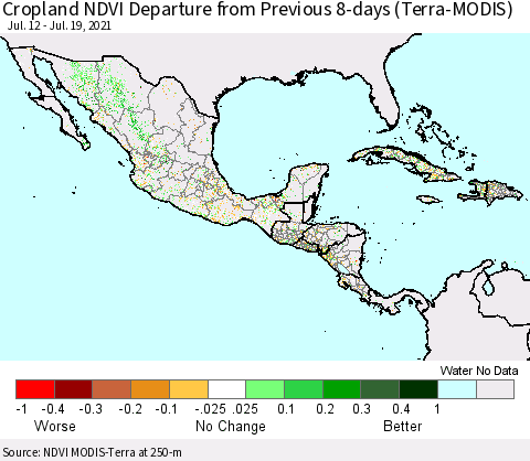 Mexico Central America and the Caribbean Cropland NDVI Departure from Previous 8-days (Terra-MODIS) Thematic Map For 7/12/2021 - 7/19/2021