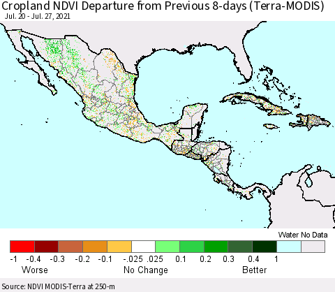 Mexico Central America and the Caribbean Cropland NDVI Departure from Previous 8-days (Terra-MODIS) Thematic Map For 7/20/2021 - 7/27/2021