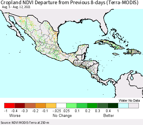 Mexico Central America and the Caribbean Cropland NDVI Departure from Previous 8-days (Terra-MODIS) Thematic Map For 8/5/2021 - 8/12/2021