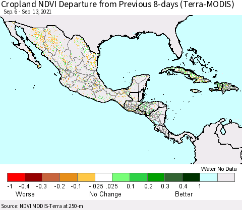 Mexico Central America and the Caribbean Cropland NDVI Departure from Previous 8-days (Terra-MODIS) Thematic Map For 9/6/2021 - 9/13/2021